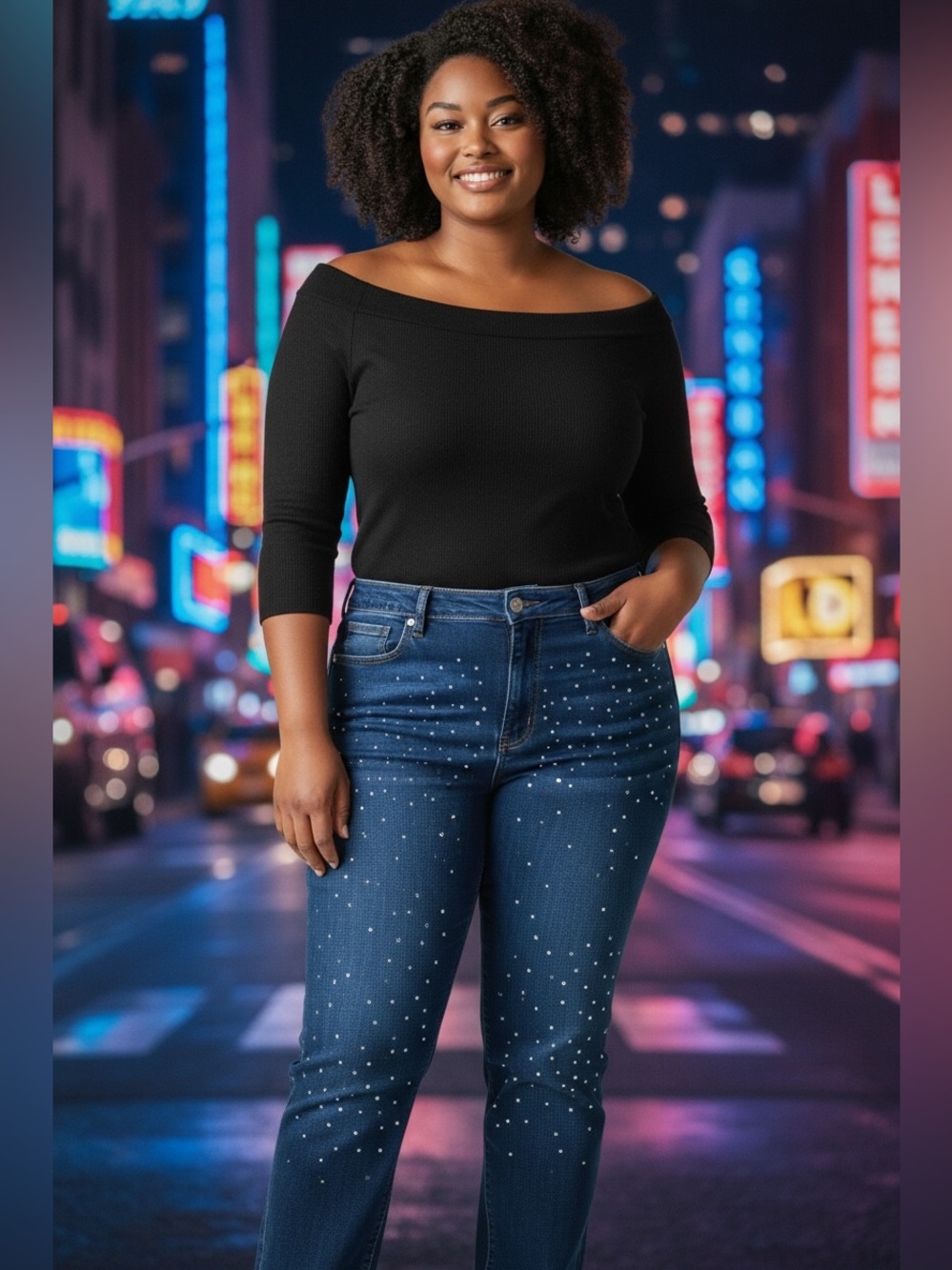 Dark Blue Straight-Leg Jeans with Rhinestone Studs